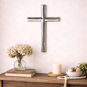 Large Silver Wall Cross 15” Modern Christian Home Decor Church Metal